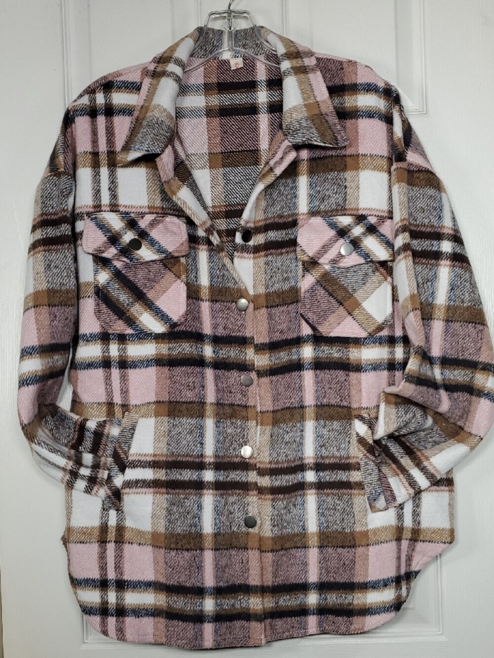 Pink Plaid Shacket Shirt Jacket Button Front Women's Large NWOT